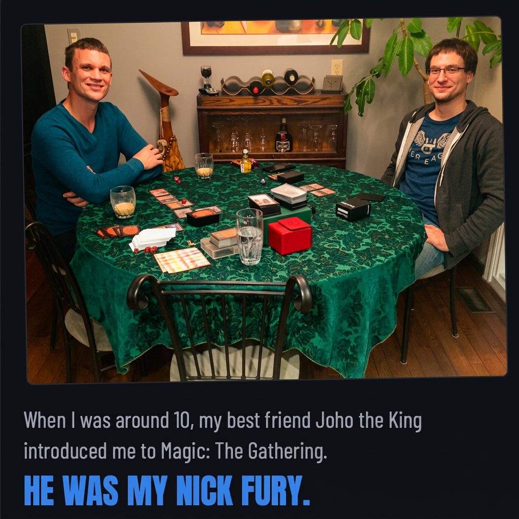 Eric and his best friend Jonathan playing Magic: The Gathering at a dining table