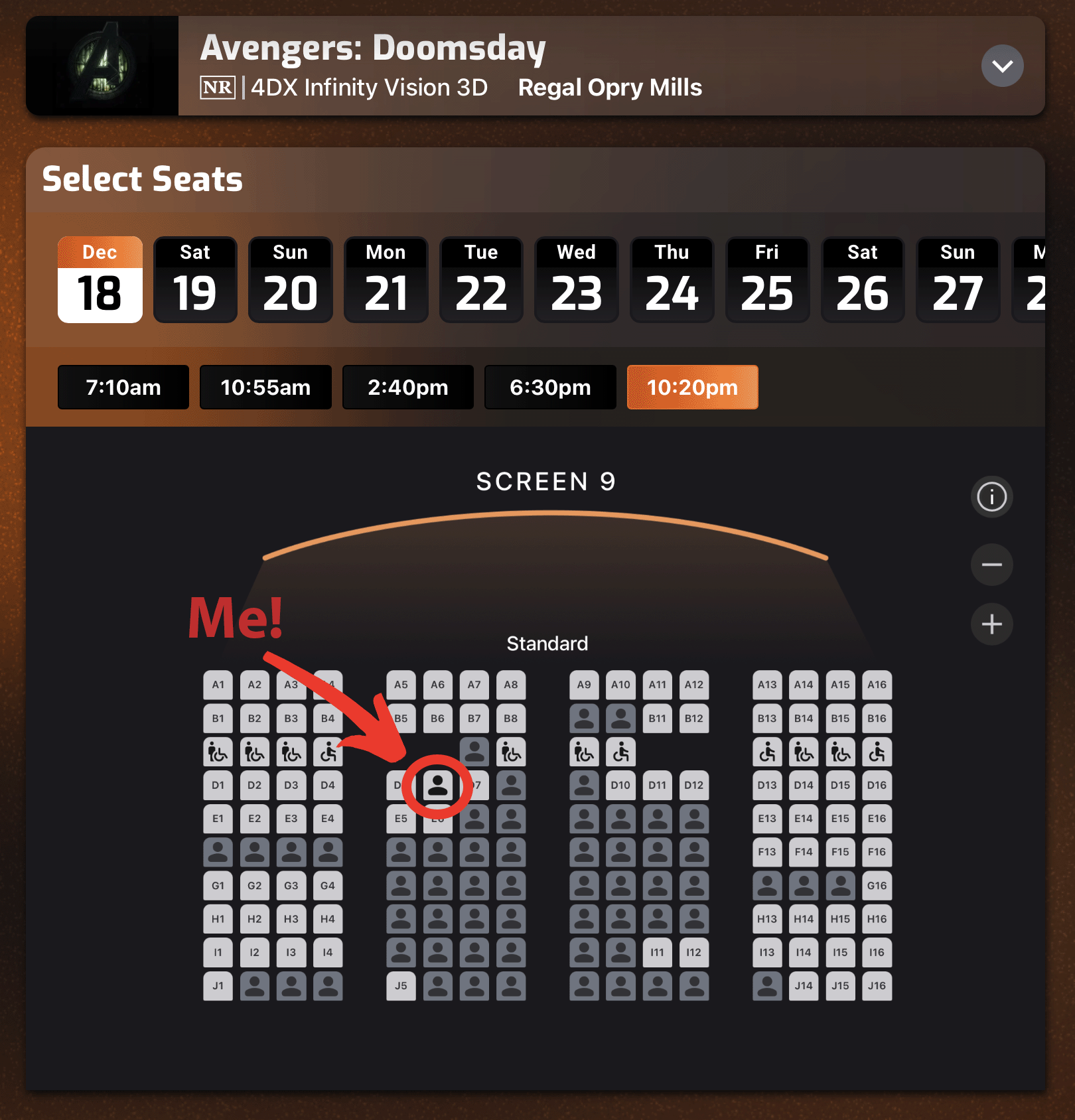 Regal Opry Mills 4DX seat map for Avengers: Doomsday with Eric's seat circled in red