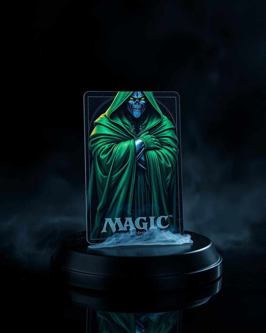 A Doctor Doom Magic: The Gathering promo card on a dark pedestal