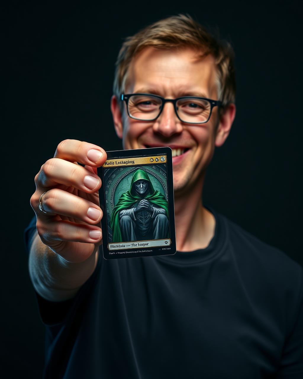Eric holding up his Doctor Doom Magic: The Gathering promo card