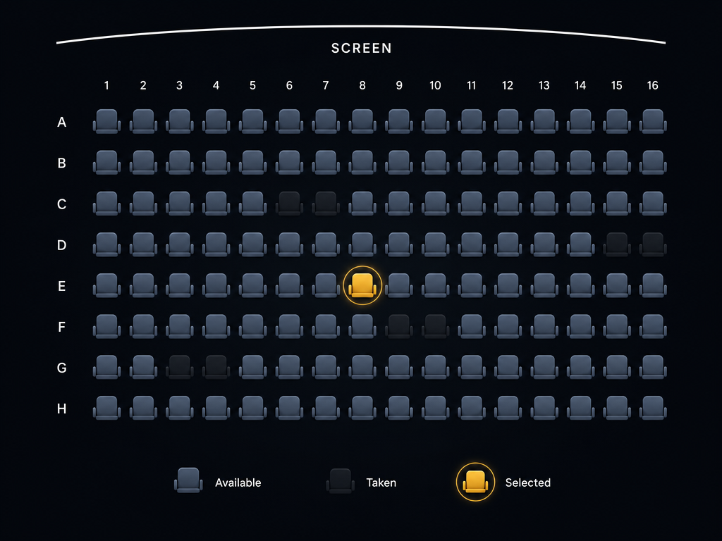 Theater seat map with Eric's seat highlighted in gold