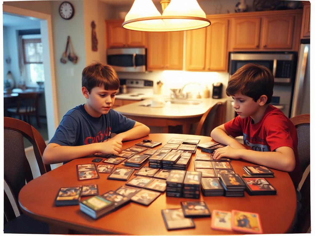 Young Eric and Jonathan playing Magic: The Gathering at a kitchen table in the 90s
